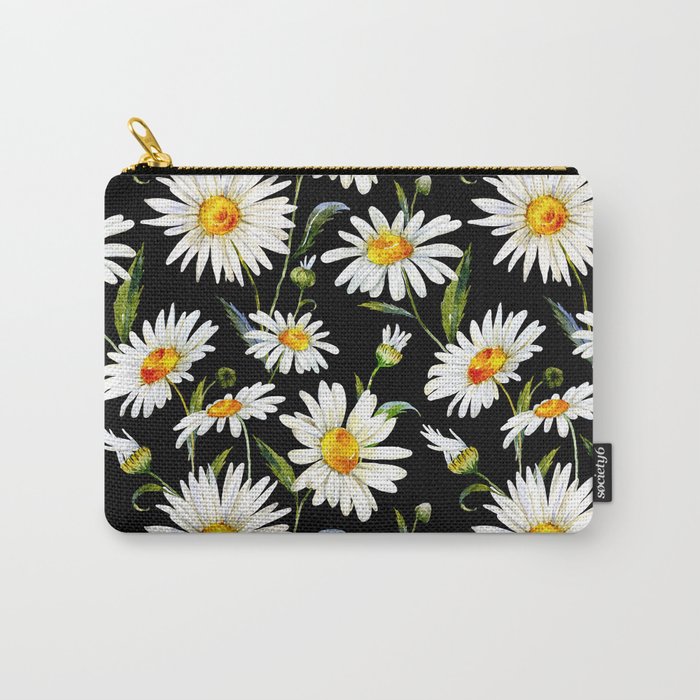 Floral Kingdom Cute White Daisy On Black Background Carry All Pouch Gallery Image 1