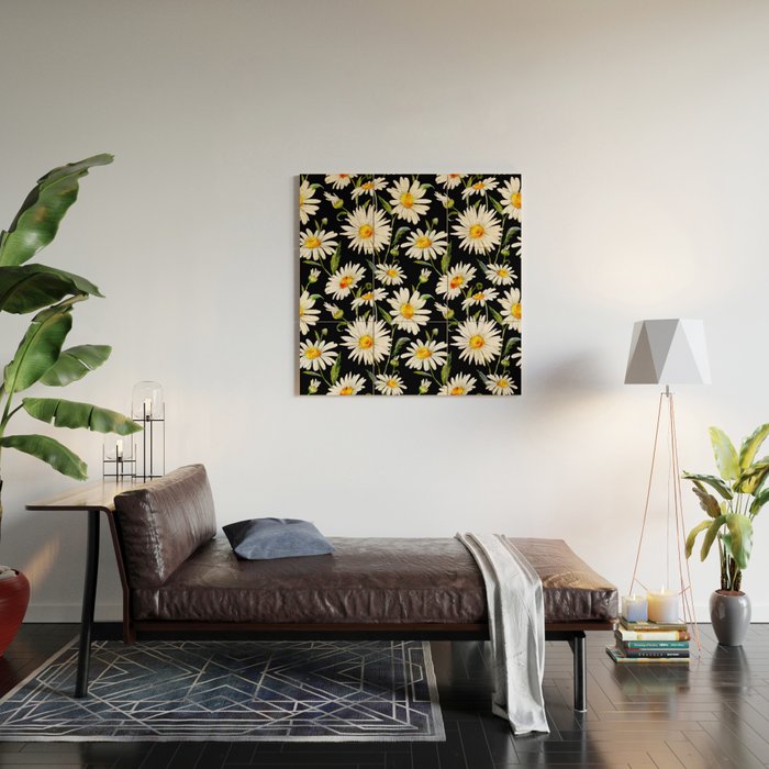 Floral Kingdom Cute White Daisy On Black Background Wood Wall Art Gallery Image 2