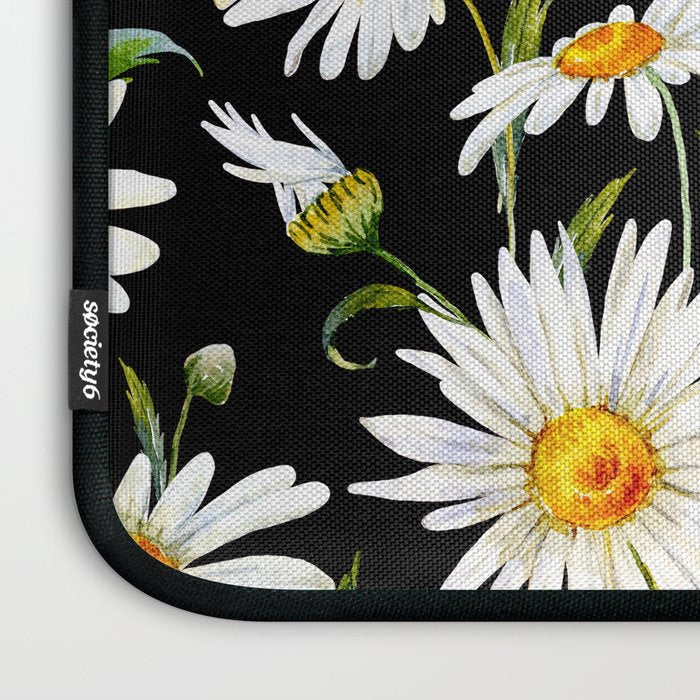 Floral Kingdom Cute White Daisy On Black Background Laptop Sleeve Gallery Image 3
