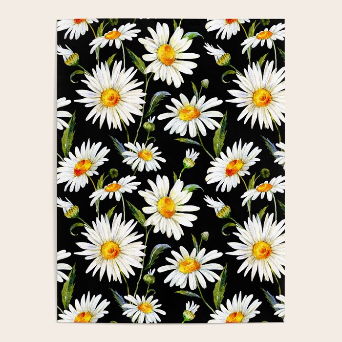 Floral Kingdom Cute White Daisy On Black Background Poster Gallery Image 1