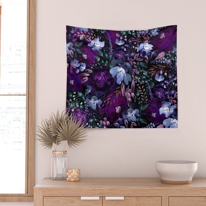Deep Floral Chaos blue & violet Wall Tapestry Gallery Image 2