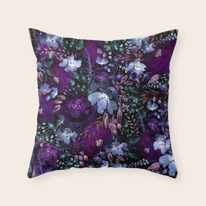 Deep Floral Chaos blue & violet Throw Pillow Gallery Image 6