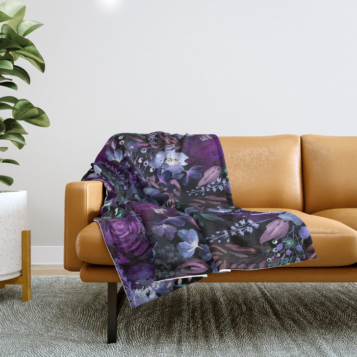 Deep Floral Chaos blue & violet Throw Blanket Gallery Image 1