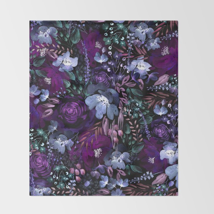 Deep Floral Chaos blue & violet Throw Blanket Gallery Image 2