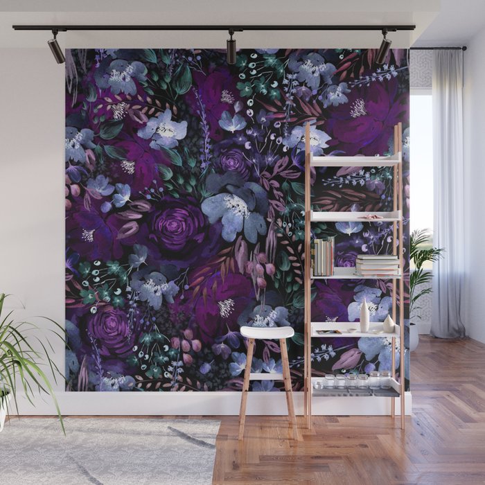 Deep Floral Chaos blue & violet Wall Mural Gallery Image 1