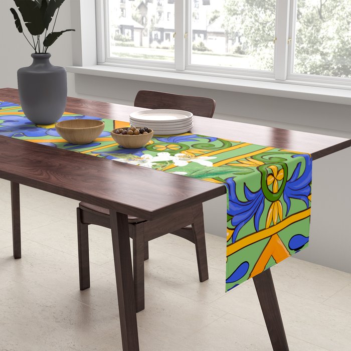 Summer ,Sicilian tiles ,citrus,oranges,majolica,lemons ,Mediterranean  Table Runner Gallery Image 2