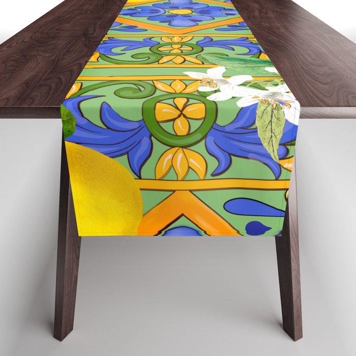 Summer ,Sicilian tiles ,citrus,oranges,majolica,lemons ,Mediterranean  Table Runner Gallery Image 1