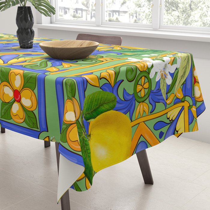Summer ,Sicilian tiles ,citrus,oranges,majolica,lemons ,Mediterranean  Tablecloth Gallery Image 3
