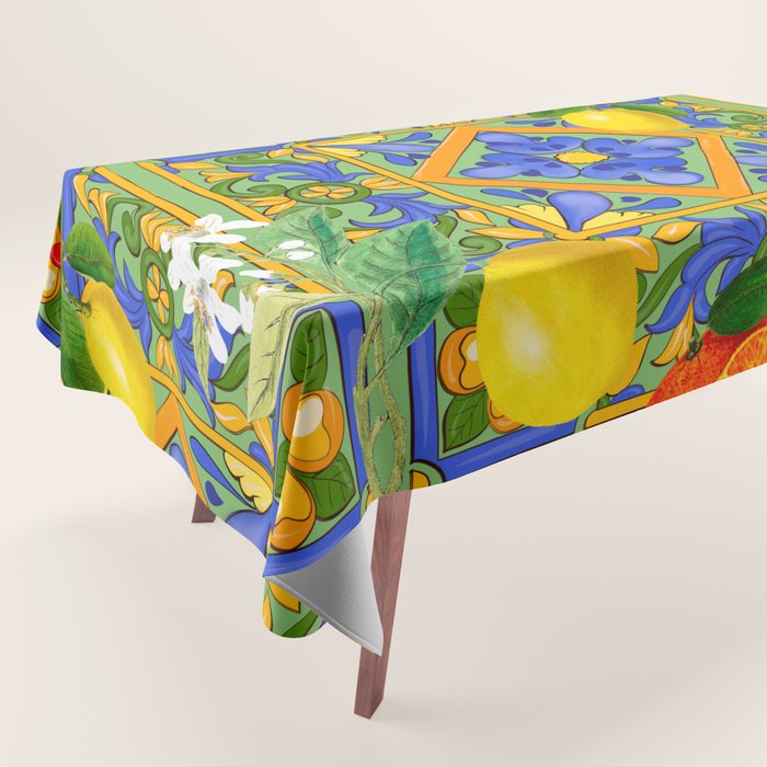 Summer ,Sicilian tiles ,citrus,oranges,majolica,lemons ,Mediterranean  Tablecloth Gallery Image 1