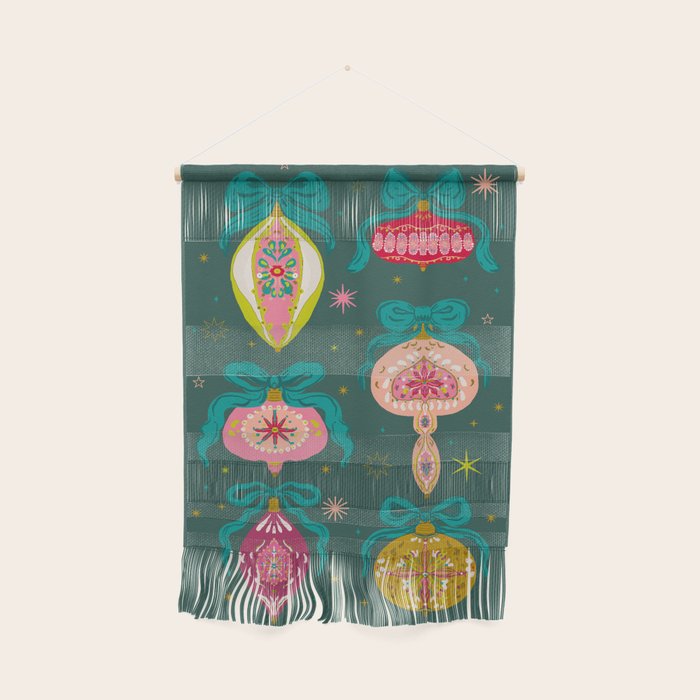 Vintage Christmas Ornaments on Deep Teal Background Holiday Pattern Wall Hanging Gallery Image 1