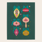 Vintage Christmas Ornaments on Deep Teal Background Holiday Pattern Poster Gallery Image 4
