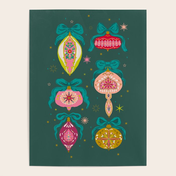 Vintage Christmas Ornaments on Deep Teal Background Holiday Pattern Poster Gallery Image 4