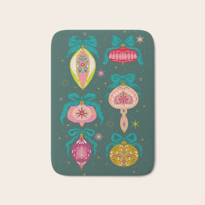 Vintage Christmas Ornaments on Deep Teal Background Holiday Pattern Bath Mat Gallery Image 1