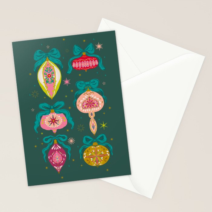 Vintage Christmas Ornaments on Deep Teal Background Holiday Pattern Stationery Card Gallery Image 2