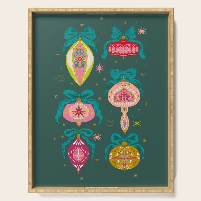 Vintage Christmas Ornaments on Deep Teal Background Holiday Pattern Serving Tray Gallery Image 1