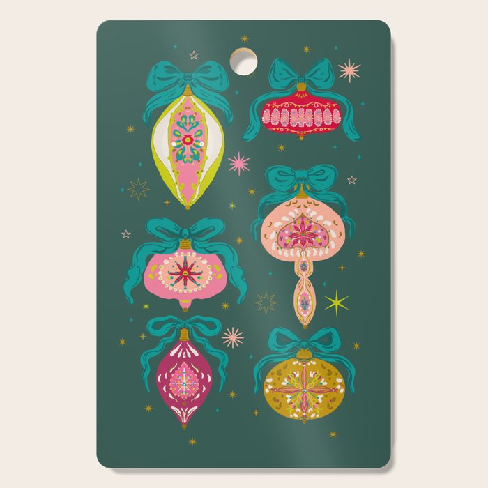 Vintage Christmas Ornaments on Deep Teal Background Holiday Pattern Cutting Board Gallery Image 1