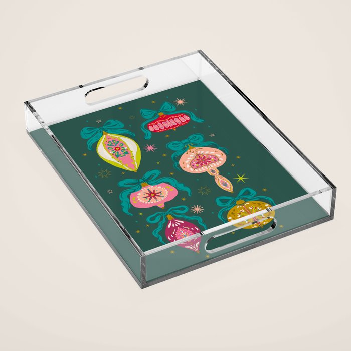 Vintage Christmas Ornaments on Deep Teal Background Holiday Pattern Acrylic Tray Gallery Image 1