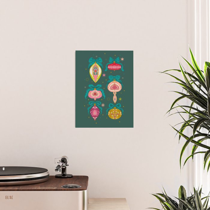 Vintage Christmas Ornaments on Deep Teal Background Holiday Pattern Poster Gallery Image 2