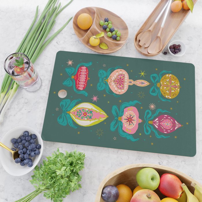 Vintage Christmas Ornaments on Deep Teal Background Holiday Pattern Cutting Board Gallery Image 2