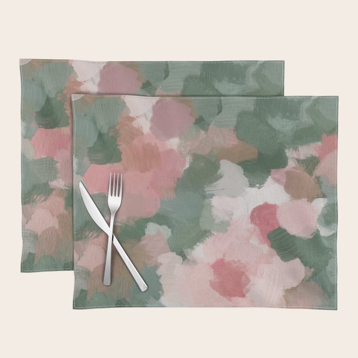 Rosy Radiance - Light Pink Rose Flower Forest Sage Green Leaf Garden Abstract Nature Painting Art Placemat Gallery Image 1