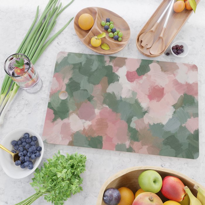 Rosy Radiance - Light Pink Rose Flower Forest Sage Green Leaf Garden Abstract Nature Painting Art Cutting Board Gallery Image 2