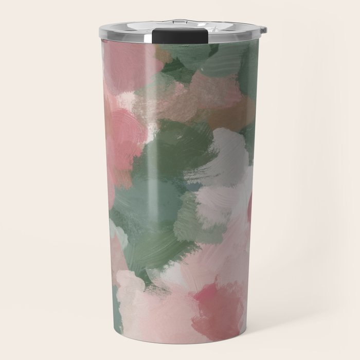 Rosy Radiance - Light Pink Rose Flower Forest Sage Green Leaf Garden Abstract Nature Painting Art Travel Mug Gallery Image 1
