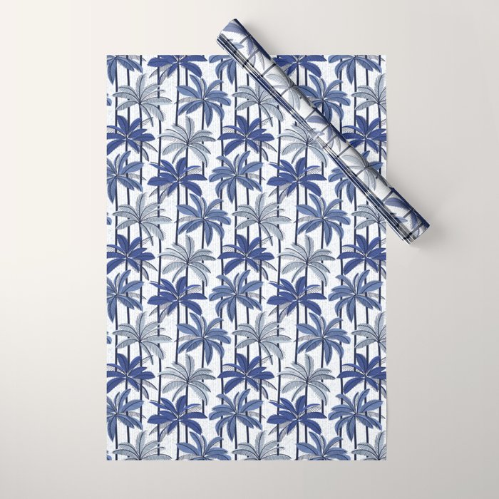 Retro Palm Springs vibes // white background highball indigo electric and pastel blue palm trees oxford navy blue lines Wrapping Paper Gallery Image 1