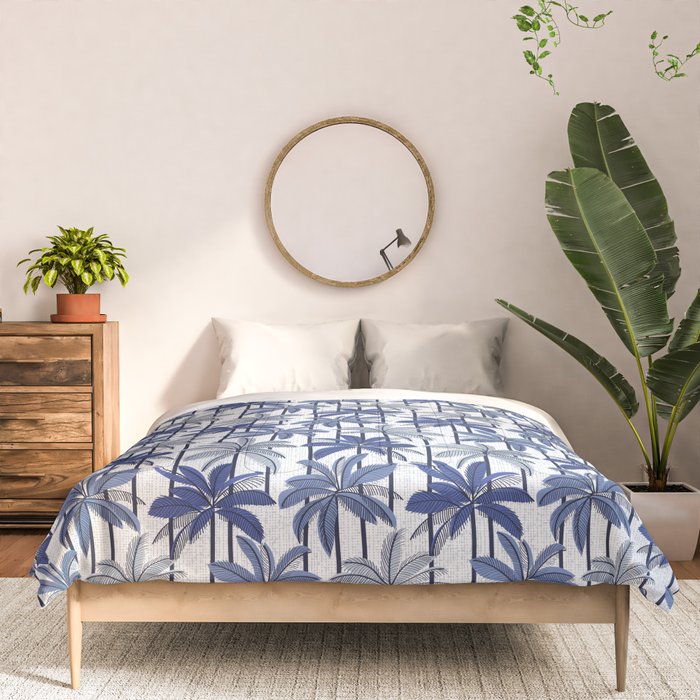 Retro Palm Springs vibes // white background highball indigo electric and pastel blue palm trees oxford navy blue lines Comforter Gallery Image 3