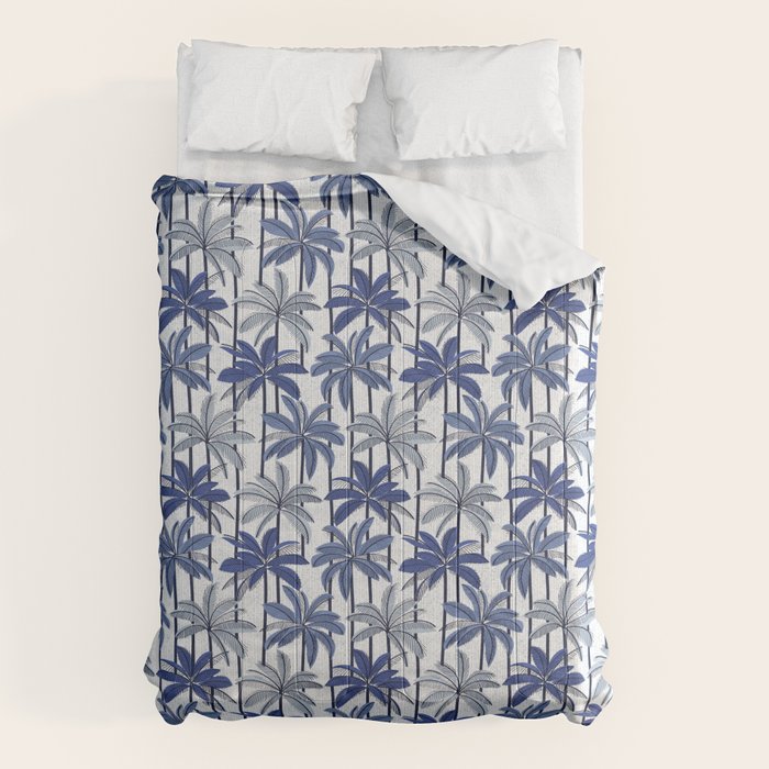 Retro Palm Springs vibes // white background highball indigo electric and pastel blue palm trees oxford navy blue lines Comforter Gallery Image 6