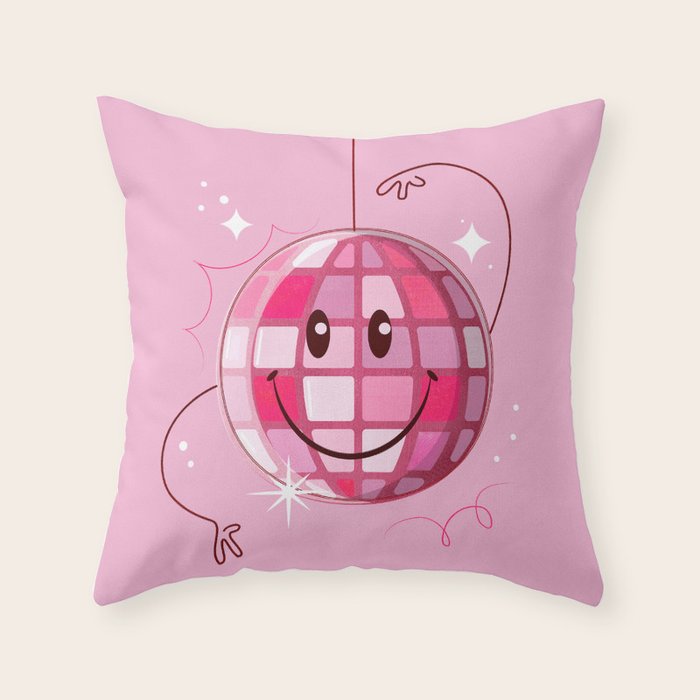 Smiley Pink Disco Ball Throw Pillow Gallery Image 1