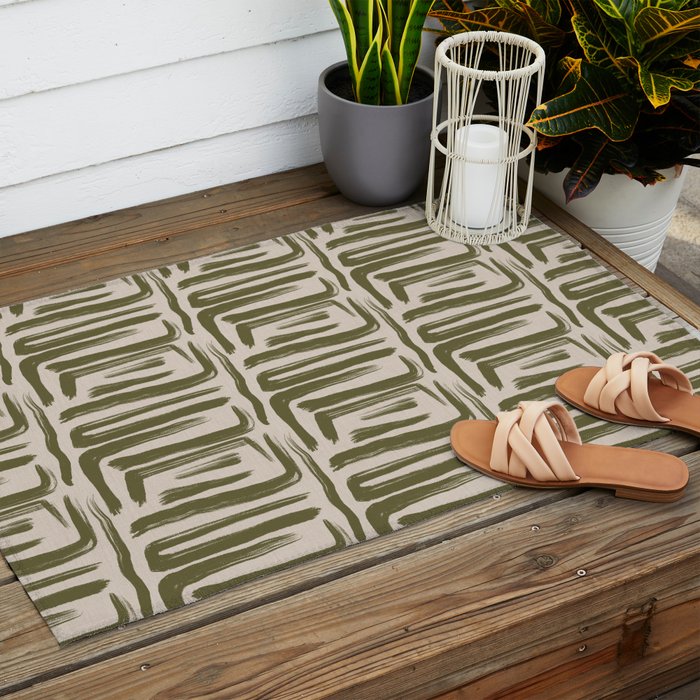 Olive Brushstrokes - Abstract Mid Century Modern Outdoor Rug Gallery Image 2