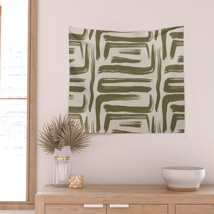 Olive Brushstrokes - Abstract Mid Century Modern Wall Tapestry Gallery Image 2