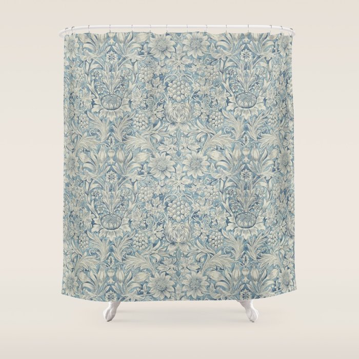 William Morris Vintage Sunflower Blue Slate & Vellum Shower Curtain Gallery Image 1