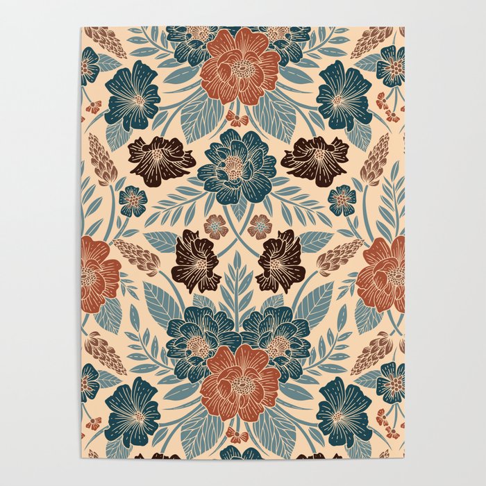 Fall Floral Pattern in Blue, Brown & Rust Poster Gallery Image 4