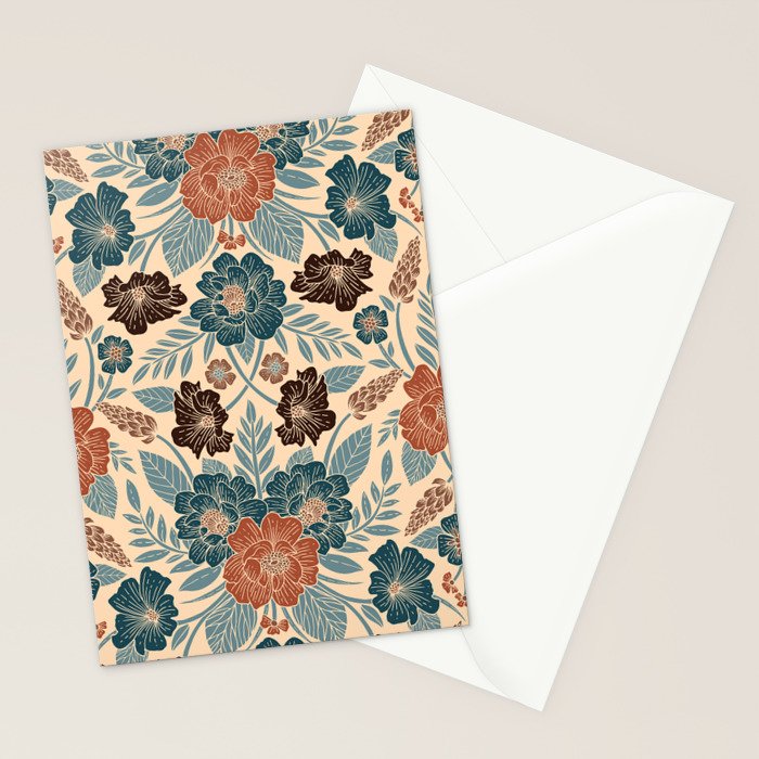 Fall Floral Pattern in Blue, Brown & Rust Stationery Card Gallery Image 2