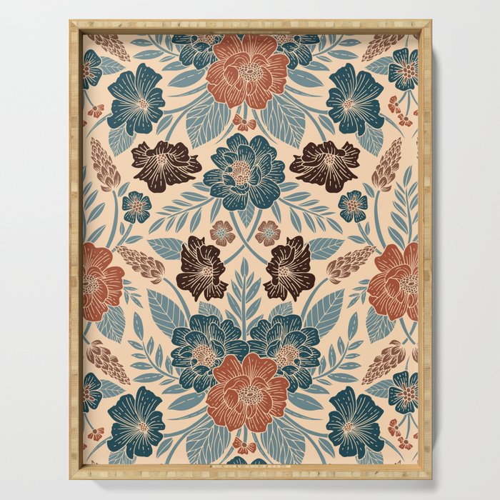 Fall Floral Pattern in Blue, Brown & Rust Serving Tray Gallery Image 1