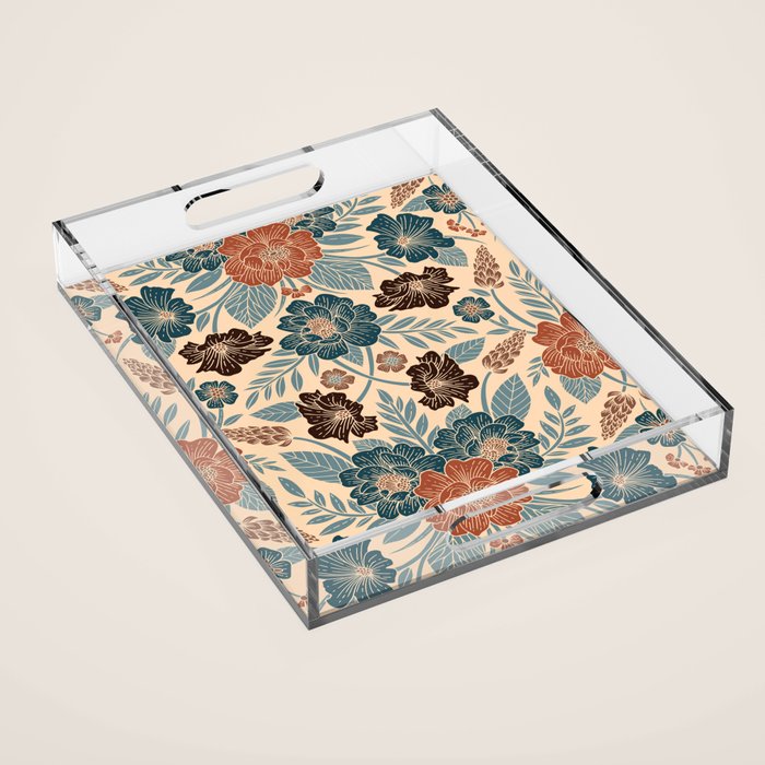 Fall Floral Pattern in Blue, Brown & Rust Acrylic Tray Gallery Image 1