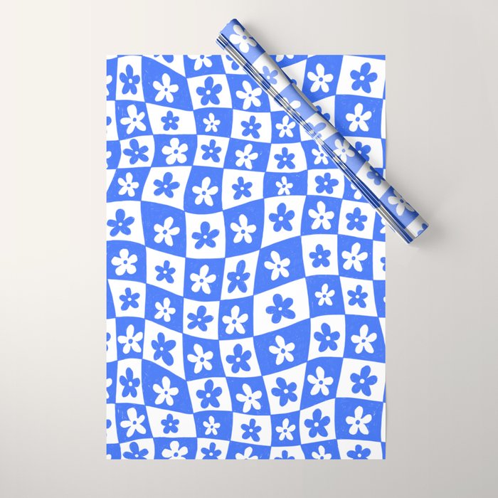 Retro Blue Daisy Checkerboard  Wrapping Paper Gallery Image 1