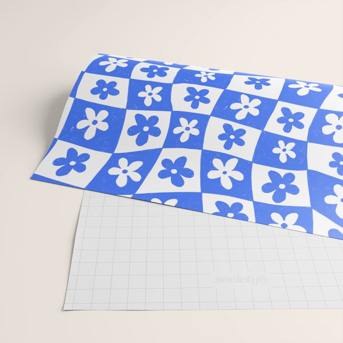 Retro Blue Daisy Checkerboard  Wrapping Paper Gallery Image 2