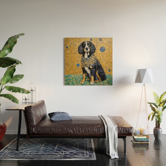 Gustav Klimt Style Portrait of Seated Dog Wood Wall Art Gallery Image 2