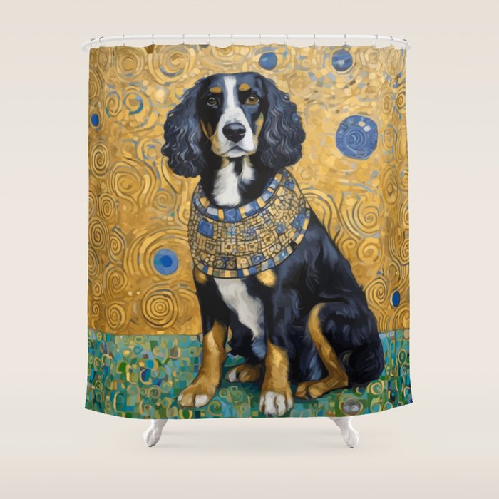 Gustav Klimt Style Portrait of Seated Dog Shower Curtain Gallery Image 1