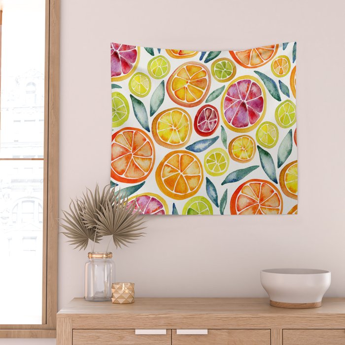 Sliced Citrus Watercolor Wall Tapestry Gallery Image 2