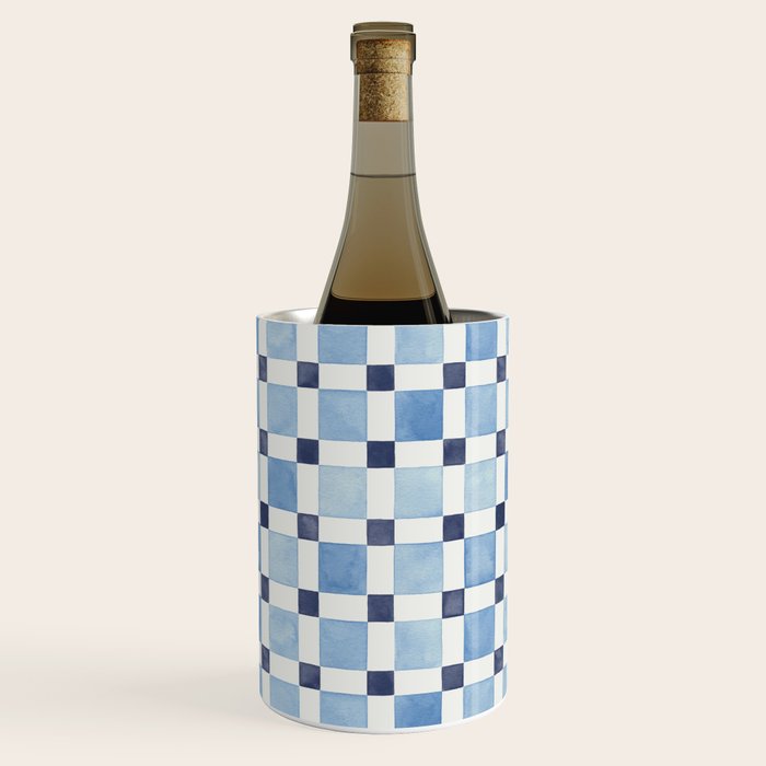 Mosaic plaids geometric pattern watercolor Soft blue Wine Chiller Gallery Image 1