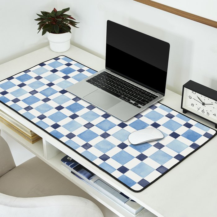 Mosaic plaids geometric pattern watercolor Soft blue Desk Mat Gallery Image 2