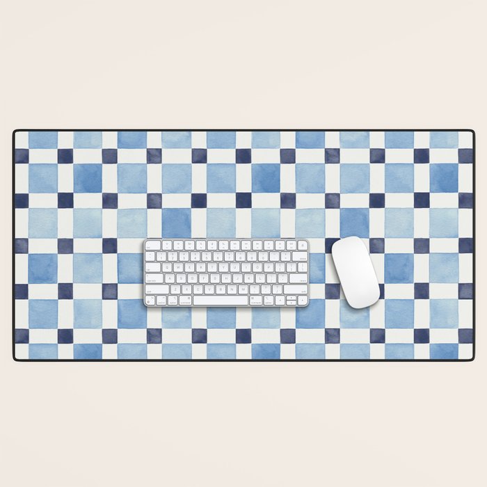 Mosaic plaids geometric pattern watercolor Soft blue Desk Mat Gallery Image 1