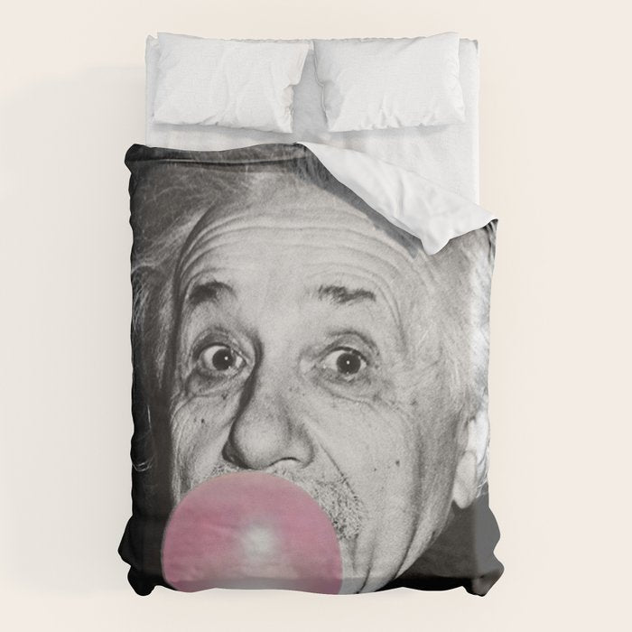 Satirical Bubble Gum Albert Einstein humour photography photograph blowing bubble gum bubble poster Duvet Cover Gallery Image 1