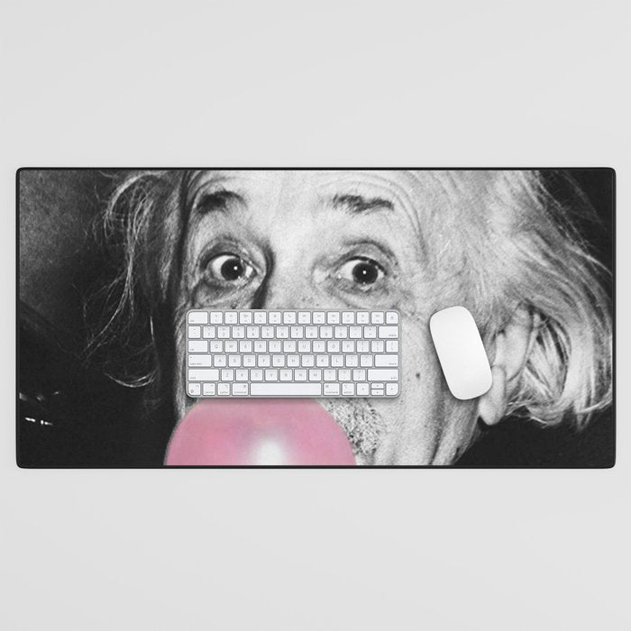 Satirical Bubble Gum Albert Einstein humour photography photograph blowing bubble gum bubble poster Desk Mat Gallery Image 1