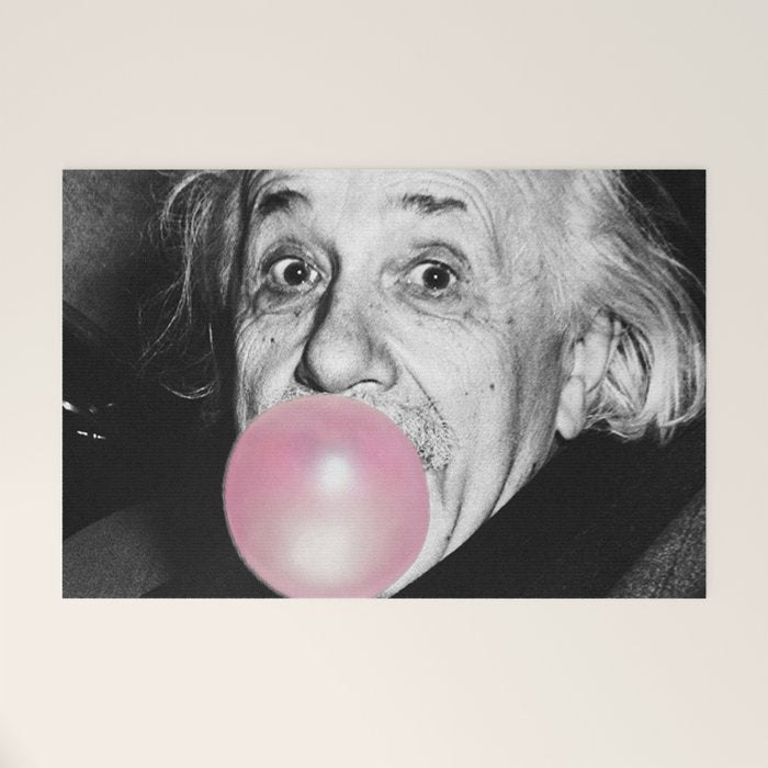 Satirical Bubble Gum Albert Einstein humour photography photograph blowing bubble gum bubble poster Welcome Mat Gallery Image 1