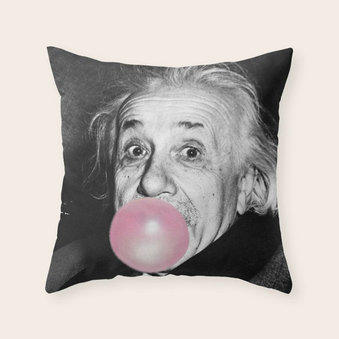 Satirical Bubble Gum Albert Einstein humour photography photograph blowing bubble gum bubble poster Throw Pillow Gallery Image 6