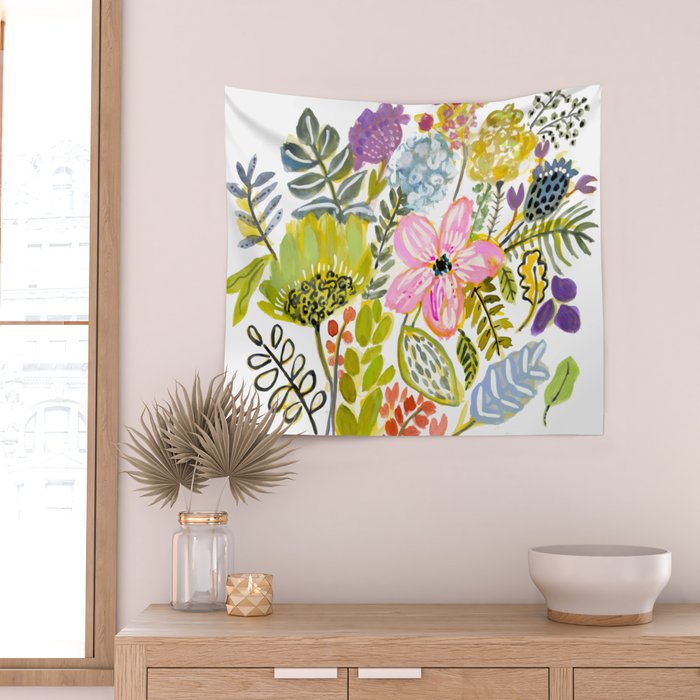 Colorful Flowers Watercolor Wall Tapestry Gallery Image 2